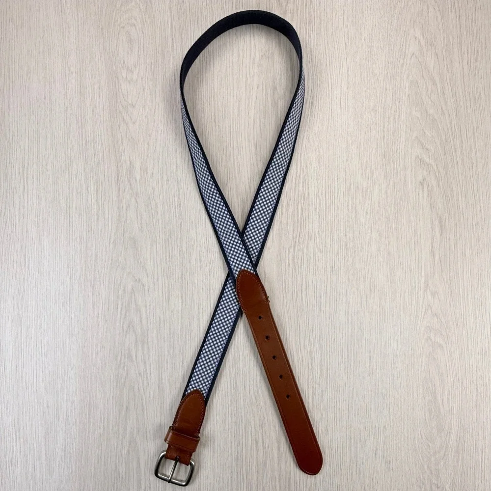 J.Crew Mens Belt Size 40 Navy White‎ Gingham Canvas Brown Leather Trim Preppy